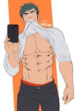 1boy bara cresxart dated flat_colors hinomaru_zumou kunisaki_chihiro male male_only muscular nipples selfie shirt_lift showing_off six_pack solo tagme yaoi