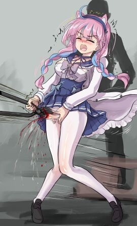 1girls animal_ear_hairband animal_ears aqua_hair bleeding_from_pussy blue_skirt blush bowtie braid braided_hair breasts colored_inner_hair curly_hair dragging dragging_pussy female guro headband headband_ears hololive hololive_gen_2 hololive_japan light-skinned_female long_hair minato_aqua minato_aqua_(3rd_costume) multicolored_hair multiple_males object_insertion object_on_pussy pain painful peeing pink_hair pliers purple_eyes pussy pussy_visible_through_clothes ray_(pixiv30112908) scared vaginal_insertion virtual_youtuber white_jacket white_stockings