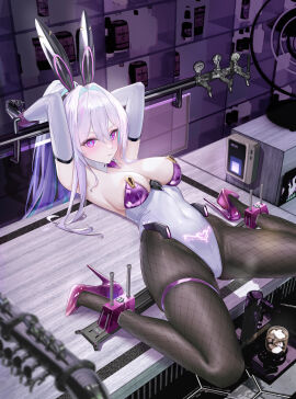1girls animal_ear_hairband aqua_pupils arms_behind_head azur_lane bare_shoulders black_pantyhose bondage breasts eagle_union_(azur_lane) elbow_gloves english_text fake_animal_ears fake_rabbit_ears female fishnet_pantyhose fishnets gloves glowing_tattoo hairband high_heels high_ponytail kearsarge_(all-night_charge)_(azur_lane) kearsarge_(azur_lane) large_breasts leotard light-skinned_female light_skin long_hair looking_at_viewer maho_shi_ma official_alternate_costume pantyhose playboy_bunny pubic_tattoo purple_eyes purple_footwear purple_leotard rabbit_ear_hairband solo spread_legs stiletto_heels tattoo thigh_strap thong_leotard two-tone_gloves two-tone_leotard undersized_breast_cup very_long_hair white_hair white_leotard
