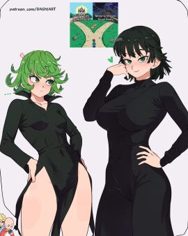 2boys 2girls absurdres artist_name big_breasts black_dress breasts collarbone covered_navel cowboy_shot curly_hair dashi_art dress english_text female female_focus frown fubuki_(one-punch_man) genos green_eyes green_hair hand_on_own_hip heart highres large_breasts long_sleeves looking_at_another looking_at_viewer male meme multiple_boys multiple_females multiple_girls multiple_males one-punch_man questionable saitama sfw short_hair siblings sisters small_breasts tatsumaki text