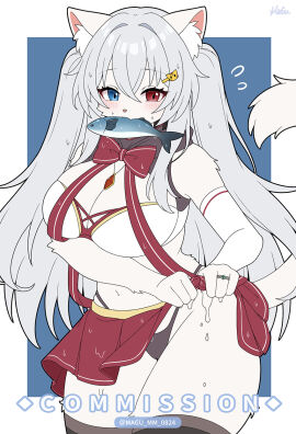 2d 2d_(artwork) anthro big_breasts blush breasts cleavage female fish flat_colors furry grey_hair heterochromia huge_breasts jewelry long_hair magu_mm_0824 necklace ring simple_background solo tagme thick_thighs thong underwear wet white_fur wide_hips