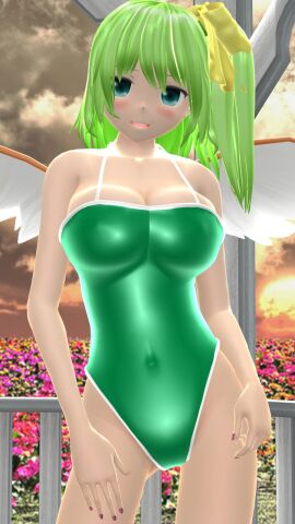 1girls 2023 3d belly_button blue_eyes blush breasts cleavage clouds daiyousei embodiment_of_scarlet_devil fairy fairy_wings female flower_field green-haired_female hati_yukkuri_mmd light-skinned_female light_skin looking_at_viewer mmd outdoors sky solo_female solo_focus sunset swimsuit touhou wings yellow_green_hair yellow_ribbon