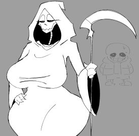 big_breasts big_thighs black_and_white breasts dasexyghost female oc original original_character sans scythe skeleton skull undertale