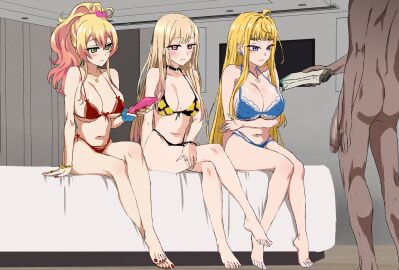 1boy 3girls ahoge antenna_hair arm_support arm_under_breasts barefoot bed bed_sheet big_breasts big_penis bikini black_bikini black_choker blonde_hair blue_bikini blue_eyes blue_nails blue_scrunchie blush bra bracelet breasts cat_hair_ornament censored cheating choker cleavage closed_mouth clothed_female_nude_male crossed_legs crossover dark-skinned_male dark_skin dosanko_gal_wa_namara_menkoi earrings ero_daisuki female fingernails floral_print front-tie_bikini_top front-tie_top full_body fuyuki_minami gal green_eyes gyaru hair_ornament hajimete_no_gal heart heart_earrings heart_necklace highres hotel_room huge_breasts huge_cock indoors jewelry kitagawa_marin large_breasts large_penis legs_together lips long_fingernails long_hair looking_at_another male micro_bikini money mosaic_censoring multicolored_hair multiple_females multiple_girls nail_polish necklace netorare ntr nude on_bed pendant_choker penis pink_eyes pink_hair pink_nails ponytail print_bikini prostitution red_bikini red_nails ring scrunchie side-tie_bikini_bottom sitting snowbunny_heaven sono_bisque_doll_wa_koi_wo_suru straight swimsuit teenage_female teenager toenail_polish toenails toes trait_connection white_nails wrist_scrunchie wristband yame_yukana