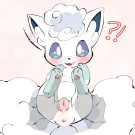 !? :3 absurdres aka_leopard alolan_vulpix anus blue_sclera blush colored_sclera commentary dated_commentary disembodied_limb ear_wiggle english_commentary female fox from_above full_body happy highres legs_up looking_at_viewer lying motion_lines on_back open_mouth pawpads pink_background pokemon pokemon_(species) poking pov pussy pussy_juice red_leopard short_hair smile solo_focus straight-on uncensored vulpix white_eyes white_hair zoophilia