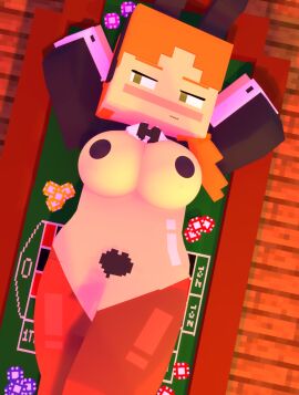 1girls 3d alex_(minecraft) big_breasts blush breasts bunny_ears casino curvy female female_focus green_eyes lying mine-imator minecraft orange_hair pasties reverse_bunnysuit solo thick_thighs veridut