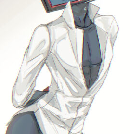 blouse hazbin_hotel male male_only no_pants open_chest sfw sweat thighs vivienne_medrano vox_(hazbin_hotel) wrist_bound