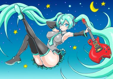ass big_ass big_breasts blue_eyes blue_hair breasts clothed female hatsune_miku in_sky thick_thighs twintails vocaloid