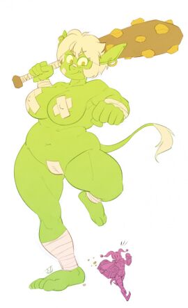 1boy 1girls asian_mythology band-aid band-aid_on_face band-aid_on_nose bandage bandage_on_face bandage_on_nose blonde_hair breasts clothing club_(weapon) demon ear_piercing ear_ring east_asian_mythology female fool's_hat giantess green_body green_skin hair hat headgear headwear hi_res huge_breasts human humanoid humanoid_pointy_ears japanese_mythology jessie_(lapinbeau) jester jester_outfit lapinbeau leg_wraps love_handles male mammal melee_weapon monster_girl mythology nipple_tape oni original original_character original_characters pasties piercing pussy pussy_tape ring_piercing simple_background size_difference slightly_chubby slightly_chubby_female slightly_chubby_humanoid tail tail_tuft tape thick_thighs treasure treasure_chest tuft weapon white_background wraps wrist_wraps x_pasties yokai