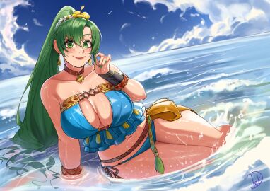 1girls absurdres alternate_costume bare_thighs bikini blue_bikini blue_swimsuit breasts brown_choker choker clam_shell cleavage deliciousbra deliciousbrain female female_only fire_emblem fire_emblem:_the_blazing_blade fire_emblem_heroes flower flower_armlet green_hair hair_flower hair_ornament highres jewelry large_breasts leather_choker looking_at_viewer lyn_(fire_emblem) necklace nintendo ocean official_alternate_costume outdoors shell shell_necklace smile solo strapless strapless_bikini swimsuit thick_thighs thighs water
