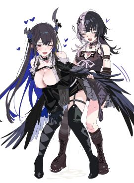 2girls absurdres argyle_clothes argyle_pantyhose arm_strap arm_under_breasts asymmetrical_horns asymmetrical_legwear black_boots black_choker black_dress black_flower black_gloves black_hair black_horns black_nails black_skirt black_socks black_thighhighs blue_hair blush boots breasts breath chest_belt choker closed_eyes clothed_sex colored_inner_hair commentary cum cum_pool cumdrip demon_horns dress feathered_wings flower futa_with_female futanari gloves grey_hair hair_ornament heart highres hololive hololive_english horn_flower horns implied_futanari large_breasts long_hair low_wings mismatched_legwear mole mole_under_eye motion_lines multicolored_hair multiple_girls nerissa_ravencroft nerissa_ravencroft_(1st_costume) nipples one_breast_out one_eye_closed open_mouth red_eyes sex sex_from_behind shiori_novella shiori_novella_(1st_costume) shirt single_leg_pantyhose single_sock single_thighhigh skirt socks spiked_boots split-color_hair standing standing_sex striped_arm_warmers striped_clothes striped_thighhighs sweat symbol-only_commentary tassel tassel_hair_ornament thighhighs two-tone_hair uneven_horns uneven_legwear very_long_hair virtual_youtuber white_background white_shirt wings yomosaka