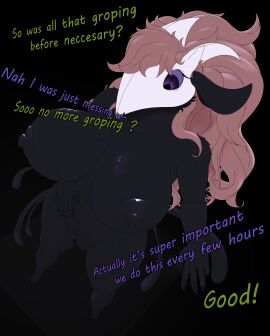 absurd_res anthro arty_(ascendedarty) auri_(thehuskylord) avian big_breasts bird bovid breasts caprine corvid dialogue duo female fusion goat goo_transformation hi_res male male/female mammal oscine passerine purple_eyes tagme thehuskylord transformation