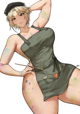 1girls apron arm_behind_head batako beret big_breasts black_hat blonde blonde-haired_female blonde_female blonde_hair breasts brown_eyes closed_mouth commentary english_commentary female female_only green_apron hat highres holding holding_paintbrush large_breasts light-skinned_female light_skin naked_apron original paint_on_body paintbrush painter_(stereotype) second-party_source short_hair smile solo standing thighs white_background