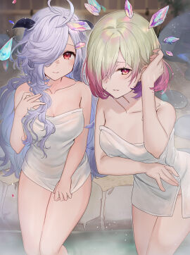 1girls 2girls ahoge breasts cleavage eitr_(fire_emblem) facial_mark female female_only fire_emblem fire_emblem_heroes floating floating_object gradient_hair green_hair grey_hair hair_over_one_eye haru_(nakajou-28) highres kvasir_(fire_emblem) leaning_forward long_hair looking_at_viewer medium_breasts multicolored_hair multiple_females multiple_girls naked_towel nintendo onsen red_eyes red_hair short_hair sitting smile thighs towel two-tone_hair very_long_hair