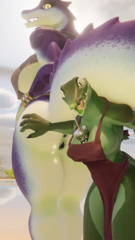 3d alligator_barista_(bebebebebe) anthro anus apron ass beach between_breasts bracelet breasts clothed clothing crocodile crocodilian crocodylid digital_media_(artwork) duo female female/female first_person_view flashing flashing_pussy genitals hand_on_ass hand_on_butt hi_res jewelry kroxigor kroxigor_(vulgarvictor) larger_female looking_at_viewer necklace open_mouth outside pussy raised_tail reptile scalie side_boob size_difference skimpy smaller_female suprised_look tail tail_on_shoulder under_boob under_tail void_dragon216
