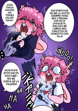 anthro antlers blush bodily_fluids bracelet canid canine canis clothed clothing clothing_lift comic crying dialogue digital_media dominant dominant_female drooling duo female femboy fur fzst gay_with_woman grey_body grey_fur hair heart_symbol hi_res horn interspecies jewelry lagomorph leporid male male/female mammal open_mouth pink_body pink_fur pink_hair predator/prey rabbit renita_reed saliva saliva_on_tongue saliva_string shirt simple_background spanish_text speech_bubble spiked_bracelet spikes submissive submissive_male sweat sweater sweater_lift tears teeth text tongue tongue_out topwear translated wolf