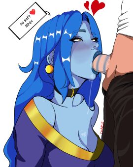 1boy 1girls ahe_gao big_breasts black_choker blowjob blue-haired blue-skinned blue_lipstick blue_skin breasts choker cleavage close-up clothed clothed_sex deepthroat dress drooling earrings ecstasy eyebrows eyelashes eyes_rolling_back fanart fellatio female gold_accents gold_earrings hair heart hearts_floating jewelry light-skinned_male light_blue_hair light_blue_skin lips lipstick_mark long looking_up makeup male neckline off_shoulder onlywaifu oral penis penis_in_mouth pleasure_face saliva saliva_on_breasts saliva_trail straight strap_slip text white_background yellow_eyes