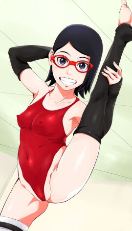 1girls armpits ass athletic athletic_female bare_shoulders black_hair blue_eyes boruto:_naruto_next_generations breasts cleft_of_venus covered_erect_nipples elbow_gloves fat_mons female female_focus flexible glasses gloves grin hairless_pussy highleg highleg_leotard leg_up looking_at_viewer naruto naruto_(series) nipples_visible_through_clothing plump_labia puffy_pussy pussy raised_leg red-framed_eyewear sarada_uchiha short_hair small_breasts smile solo_female source_request splits spread_legs sunahara_wataru swimsuit teenage_female teenager teeth thighhighs thighs uchiha_sarada vertical_splits young young_female