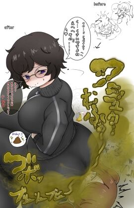 ass big_ass black_clothing black_hair bloated_belly bowel_sounds bully butt constipated constipated_girl constipation fart fart_cloud fart_fetish fart_torture farting farting_in_face farting_on_face hands_on_belly japanese_text jogging_outfit noodles onomatopoeia purple_eyes revenge revenge_on_bully round_glasses scat_inflation short_hair sitting stomach_ache sweat sweating tomboy uu_kusaiyoo