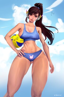 1girls asian asian_female big_breasts blizzard_entertainment breasts brown_hair cleavage d.va female jjorgen overwatch ponytail sideboob solo swimsuit volleyball