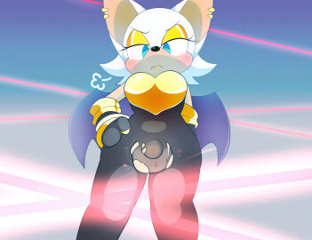 anthro balls bat blush bodysuit bracelet bulge clothing ear_piercing eyeshadow futa_only futanari genitals gloves gold_lipstick green_eyes hands_on_hips handwear hi_res intersex jewelry laser lipstick makeup mammal penis piercing rouge_the_bat sega skinsuit solo sonic_(series) sonic_the_hedgehog_(series) tetsuwan tight_clothing torn_clothing white_body