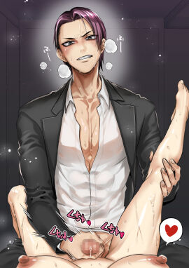 1boy 1girls blush breasts breath business_suit censored clenched_teeth clothed_male_nude_female female female_pov kengan_(series) kengan_ashura kusu26moosky leg_grab leg_up male male_focus masturbation mosaic_censoring nikaido_ren nude nude_female pectoral_cleavage pov purple_hair solo_focus spread_legs suit sweat taker_pov unseen_female_face