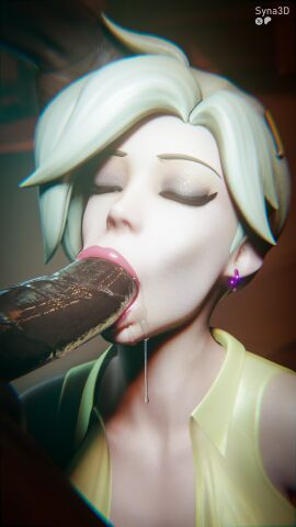 1boy 1girls 3d angela_ziegler blizzard_entertainment blonde_hair blowjob dark-skinned_male dark_skin eyes_closed fellatio female hand_on_head interracial light-skined_female male mercy oral overwatch overwatch_2 saliva_drip saliva_string straight syna
