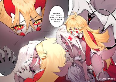 2girls absurdres blonde_hair charlie_morningstar_(hazbin_hotel) circle_facial_mark colored_sclera colored_skin cunnilingus demon_horns demon_tail female fingering french_kiss grey_hair grey_skin hazbin_hotel highres holding_hands horns interlocked_fingers kissing long_hair multiple_females multiple_girls nipple_stimulation nipple_tweak oral pink_sclera red_eyes red_horns red_sclera slit_pupils speech_bubble tail vaggie_(hazbin_hotel) very_long_hair watthespices yellow_eyes yuri