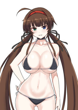 1girls 2024 ahoge bangs big_breasts bikini blue_eyes breasts brown_hair collarbone erect_nipples_under_clothes female female_only green_eyes hair_ribbon hairband hand_on_hip heterochromia large_breasts long_hair looking_at_viewer marvelous nipple_bulge red_hairband ryoubi_(senran_kagura) senran_kagura side-tie_bikini simple_background skindentation smile solo swimsuit tied_hair twintails very_long_hair white_background zatsu