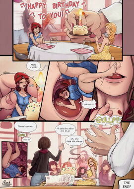 birthday brown_hair casual_vore color comic_page cruel_pred female implied_digestion mawshot micro_female nachash9 neck_bulge oral_vore restaurant scared vore