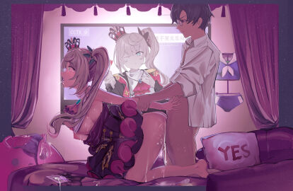 1boy 1girls a-ah alternate_version_at_source alternate_version_available arm_grab arms_behind_back ass barefoot big_breasts blonde_hair blue_eyes bottomless bra_removed breasts breasts_out clothing collared_shirt crown cum cum_drip cum_in_pussy cum_inside curtains doggy_style dress dress_lift dress_pull drooling female girls'_frontline girls'_frontline_2:_exilium hair_ornament indoors large_breasts long_hair male neckerchief nipples open_mouth sex sharkry_(girls'_frontline_2) shirt side_ponytail side_view tv used_condom variant_set yes-no_pillow