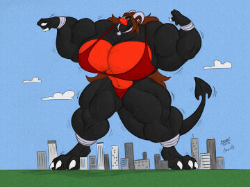abs biceps breasts brown_hair cooner female giantess hair horns houndoom hyper long_hair muscles muscular muscular_arms muscular_female muscular_legs muscular_thighs pecs pokemon