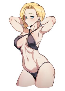 1girls android_18 arms_behind_head athletic athletic_female belly_button bikini black_bikini blonde_hair blue_eyes blush blush_lines blushing bracelet breasts dragon_ball dragon_ball_z female hands_behind_head looking_at_viewer medium_breasts navel short_hair silver_bracelet tomboy zquung