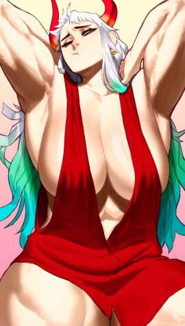 1girls 2d :t armpits arms_behind_head big_breasts blue_hair breasts dress female female_only full_color green_eyes inner_sideboob long_hair looking_away muscular muscular_female narrowed_eyes no_penetration no_sex one_eye_closed one_piece oni oni_horns pout sideboob solo solo_female sotcho stretching three-tone_hair two-tone_hair very_high_resolution white-haired_female white_hair yamato_(one_piece)