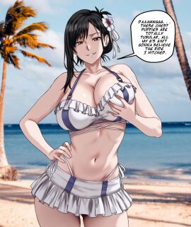 alternate_costume beach big_breasts bikini black_hair breast_grab breast_squeeze breasts cleavage female final_fantasy final_fantasy_vii hanna-barbera human human_female interspecies light-skinned_female light_skin monster outdoors possession scooby-doo spooky_island_demon square_enix tifa_lockhart tree umbra_callistis unseen_character unseen_face