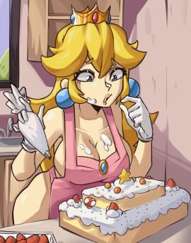 1girls apron apron_only big_breasts blonde_hair blue_eyes breasts busty cake cleavage crown earrings female frosting frosting_on_breasts frosting_on_face gloves indoors light-skinned_female light_skin mario_(series) moxydrawsmore naked nintendo princess_peach super_mario_bros.