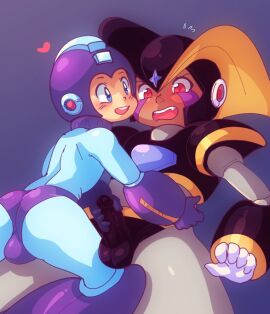 2boys ass balls bass_(mega_man) blue_eyes blush bodysuit bulge capcom drcockula erection flying_sweatdrops gay glans hand_on_penis heart helmet humanoid_genitalia humanoid_penis male male/male male_only mega_man mega_man_(character) mega_man_(classic) mega_man_(series) open_mouth open_smile penis penis_grab red_eyes smile sweat teeth yaoi