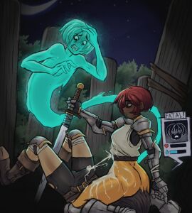 69 69_position armor background bad_end belt boots cottt_(artist) cum cum_on_body cum_on_legs cum_on_stomach cum_on_thighs cum_through_clothes cumshot dark-skinned_female dark_skin death death_by_snoo_snoo death_by_snu_snu deathgasm defeated defeated_hero english_text facesitting female femdom game_over gloves green_eyes hands-free handsfree_ejaculation health_bar health_points knight lose male male_death medieval medieval_armour original original_character red_hair smothering status_bar status_effect straight sword text warrior weapon