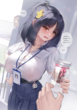 1girls 2boys big_breasts breasts chocolate clothing english_text female gao-lukchup gao_(gaolukchup) gift hiding huge_breasts human lactation lactation_through_clothes lanyard loogchoob_(gaolukchup) male milk neckwear nipples_visible_through_clothing original pale_skin skirt