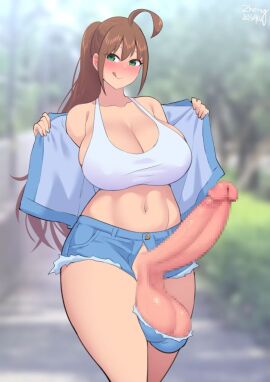 1futa ahoge blush brown_hair censored censored_penis exhibitionism futa_only futanari green_eyes hyper_penis intersex jean_jacket jean_shorts kamiya_midori licking_lips mosaic_censoring mostly_nude original penis public short_shorts shorts solo uncensored_version_available zheng