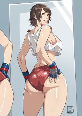 ass bare_shoulders boobs breasts brown_hair butt cirenk crop_top female female_only fingerless_gloves gym_uniform hand_on_ass hand_on_butt japanese_female japanese_girl kazama_asuka looking_at_mirror looking_back mirror namco nice_ass no_bra open_mouth sexy_pose short_hair showing_ass tekken tomboy