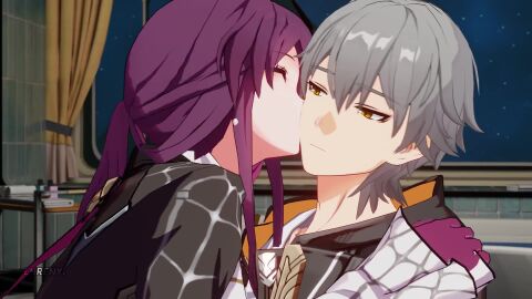 1boy 1girl1boy 1girls flustered gray_hair honkai:_star_rail honkai_(series) hoyoverse kissing making_out purple_hair romantic tagme teasing video