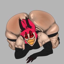 1boy alastor_(hazbin_hotel) ass big_ass big_butt crimson_redddd fat_ass fat_butt fishnets hazbin_hotel huge_ass huge_butt laying_down laying_on_stomach looking_at_viewer male male_only red_eyes red_hair solo thick_ass thick_butt