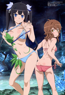 ahoge ass back back_view bare_arms bare_belly bare_legs bare_shoulders bare_thighs belly_button big_breasts bikini bikini_pull black_hair blue_bikini blue_eyes blush body_blush breasts breasts_apart brown_eyes brown_hair cleavage closed_mouth dungeon_ni_deai_wo_motomeru_no_wa_machigatteiru_darou_ka female goddess hair_ribbon hestia_(danmachi) kimoto_shigeki kneepits leaf_bikini liliruca_arde long_hair official_art onsen parted_lips red_bikini short_hair shoulder_blades side-tie_bikini_bottom small_breasts smile thighs twintails underboob undressing untied_bikini