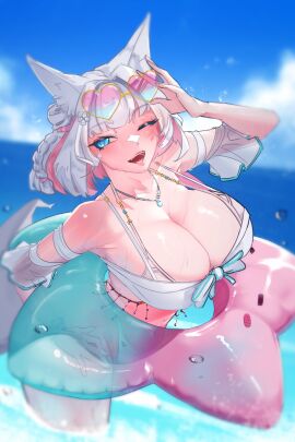 ;d artist_request breasts cleavage cleavage_overflow collarbone female floatie fox_ears fox_girl large_breasts meridian_project mizuki_(vtuber) necklace sea sky sunglasses sunglasses_on_head swimsuit swimwear virtual_youtuber water white_hair winking_at_viewer