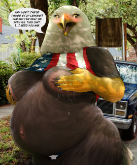 4th_of_july absurd_res accipitrid accipitriform american_flag anthro areola avian bald_eagle band1tnsfw beak belly big_areola big_belly bird blush bodily_fluids breast_milking breasts brown_body brown_feathers clawed_fingers claws clothing covering covering_breasts dialogue digital_drawing_(artwork) digital_media_(artwork) eagle embarrassed english_text feathers female female_anthro female_focus hand_on_breast hi_res holidays lactating looking_at_viewer looking_away milk montgomery_glands navel nipples outie_navel outside overweight overweight_anthro overweight_female panties pink_nipples portrait pregnant pregnant_anthro pregnant_female sea_eagle shirt solo speech_bubble stretch_marks text thick_thighs topwear truck_(vehicle) underwear united_states_of_america vehicle white_body white_feathers wide_hips yellow_beak yellow_eyes