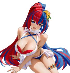 :d alear_(female)_(seaside_dragon)_(fire_emblem) alear_(fire_emblem)_(female) bangle bikini blue_eyes blue_hair bracelet cleavage feikyart fire_emblem fire_emblem_engage fire_emblem_heroes halterneck heterochromia huge_breasts jewelry long_hair multicolored_hair navel open_mouth red_eyes red_hair simple_background smile thighs white_background white_bikini