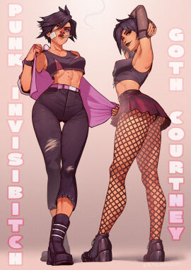 1girls alternate_costume back_view breasts crop_top dispatch_(game) female fishnets full_body invisigal jacket looking_at_viewer looking_down low-angle_view miniskirt nose_piercing orcbarbies short_hair small_breasts standing tan_body tan_skin tan_skinned_female tomboy