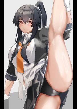 absurdres belt black_belt black_hair black_panties black_sailor_collar black_skirt blush breasts female flexible gloves hair_between_eyes highres kantai_collection large_breasts leg_lift leg_up long_hair looking_at_viewer neckerchief orange_neckerchief panties pillarboxed pleated_skirt ponytail red_eyes ribbon sailor_collar school_uniform shirt sidelocks simple_background skirt solo split standing standing_on_one_leg standing_split underwear very_long_hair white_gloves white_ribbon white_shirt yahagi_(kantai_collection) yahagi_kai_ni_(kantai_collection) z_(knkr1025)