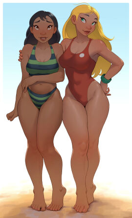 2girls barefoot bikini black_hair blonde_hair brown_eyes cheshirrr curvy dark-skinned_female dark_skin disney female green_eyes hawaiian hi_res legs lifeguard lifeguard_(lilo_and_stitch) lilo_and_stitch looking_at_viewer nani_pelekai one-piece_swimsuit red_swimsuit smiling smiling_at_viewer striped_bikini swimsuit tan_body tan_skin